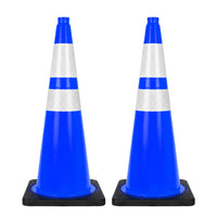 seventy five centimeter blue industrial traffic cone with reflective markings for workplace safety