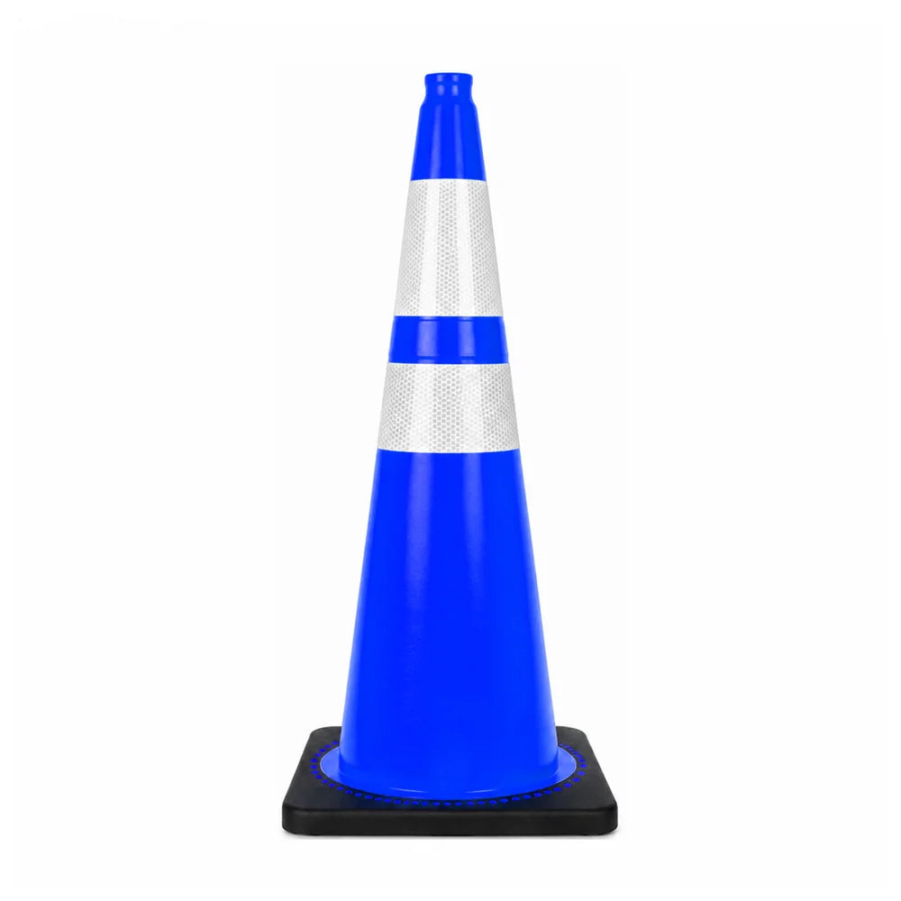 seventy five centimeter blue PVC traffic safety cone with reflective road markings and weighted base