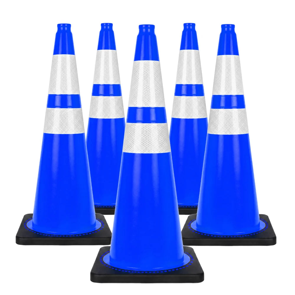 seventy five centimeter blue reflective hazard cone with stable weighted base for hazard marking