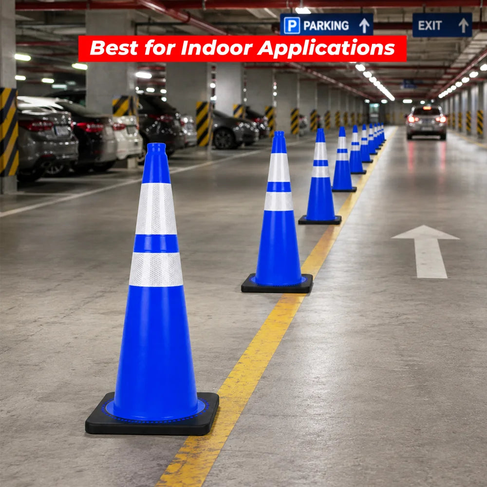 seventy five centimeter heavy duty blue traffic cone with reflective markings and stable weighted base
