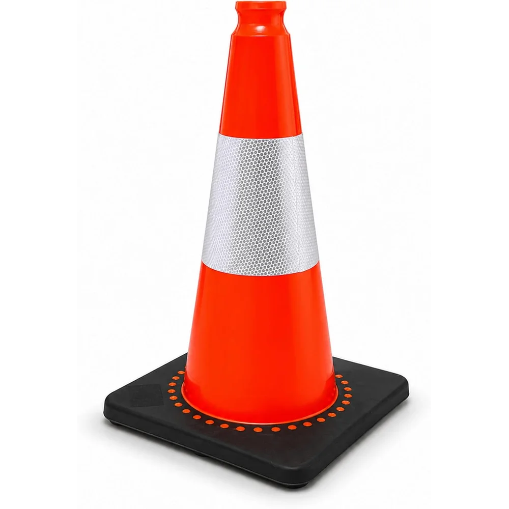 fifty centimeter high visibility orange warning cone with weighted black base for indoor and outdoor use