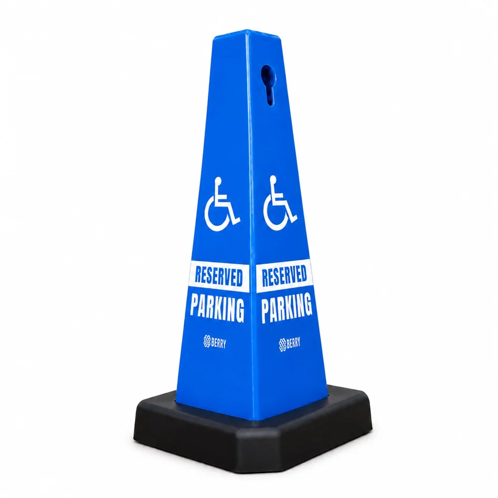 blue reserved parking cone with weighted base for stable placement