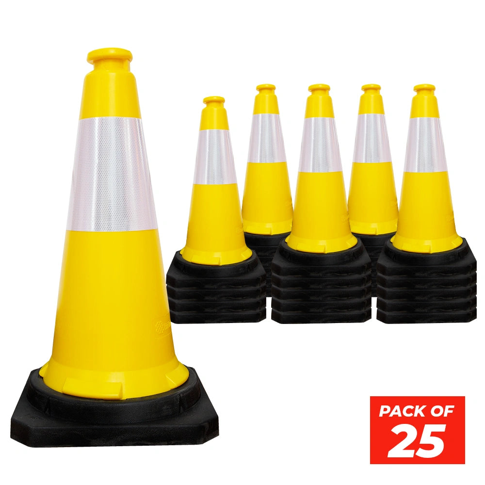 seventy five centimeter yellow traffic safety cone with reflective collar and weighted black base