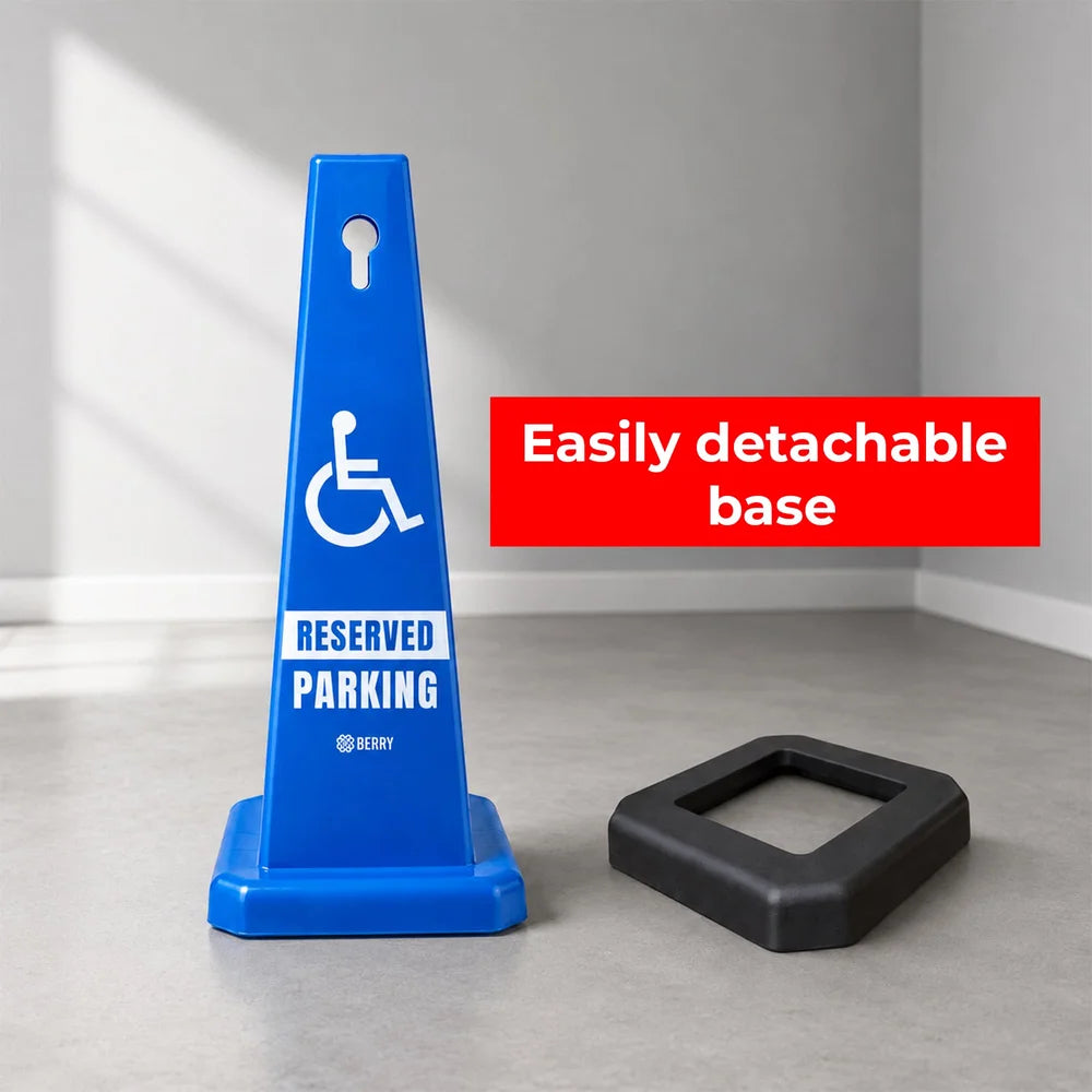 blue reserved parking cone with weighted base for designated parking areas