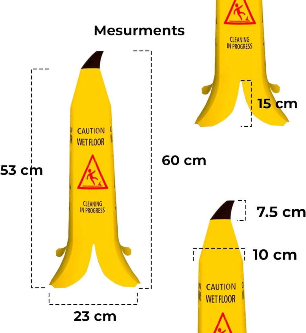 yellow wet floor banana cone sign for slippery area alerts