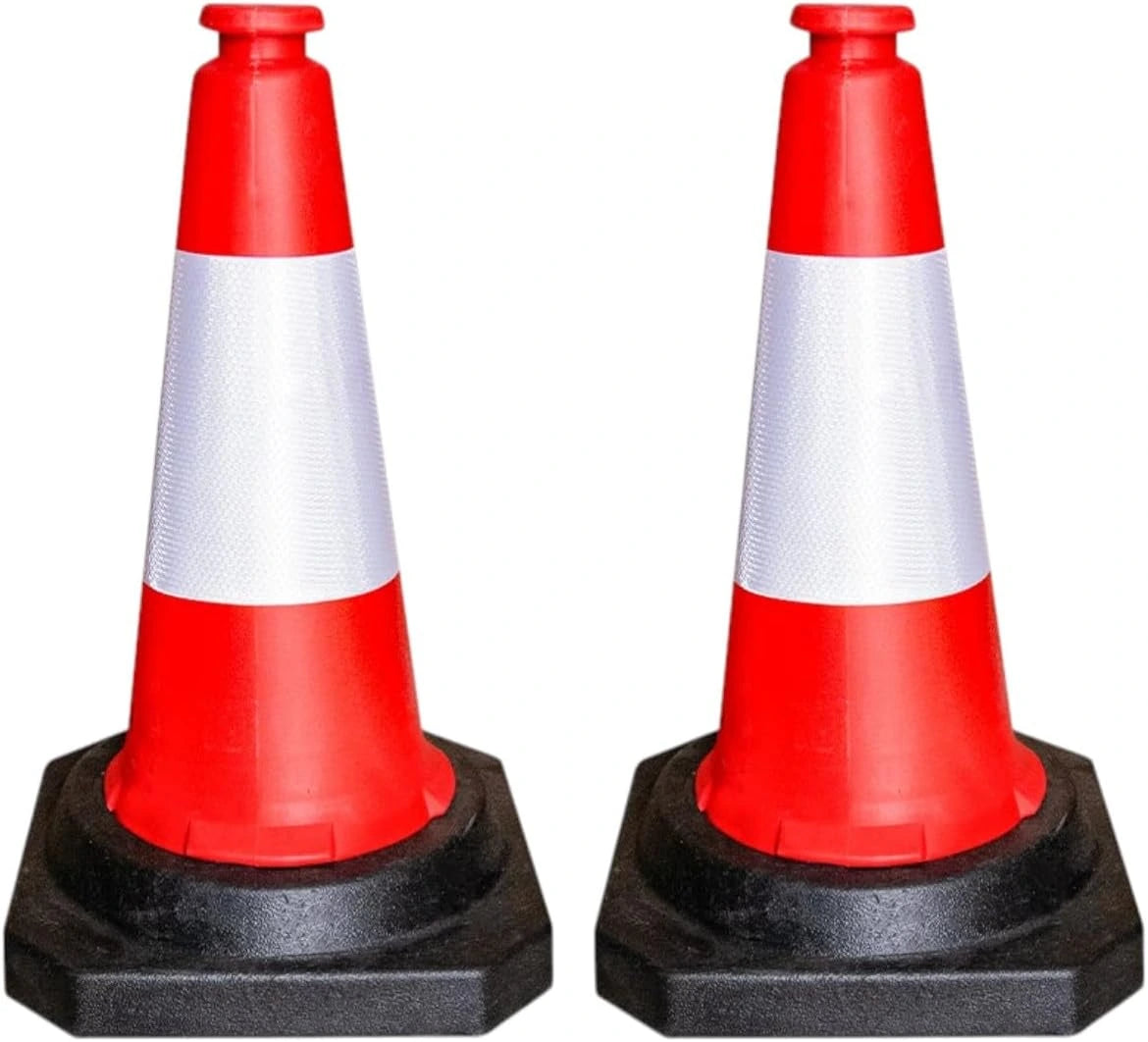 2pcs 50CM red reflective traffic cones with black base for UK road safety

