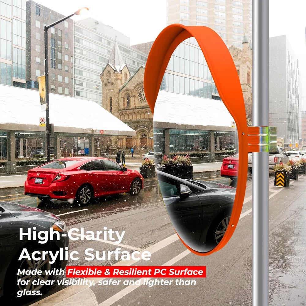 Road safety convex mirror for improved visibility in traffic areas