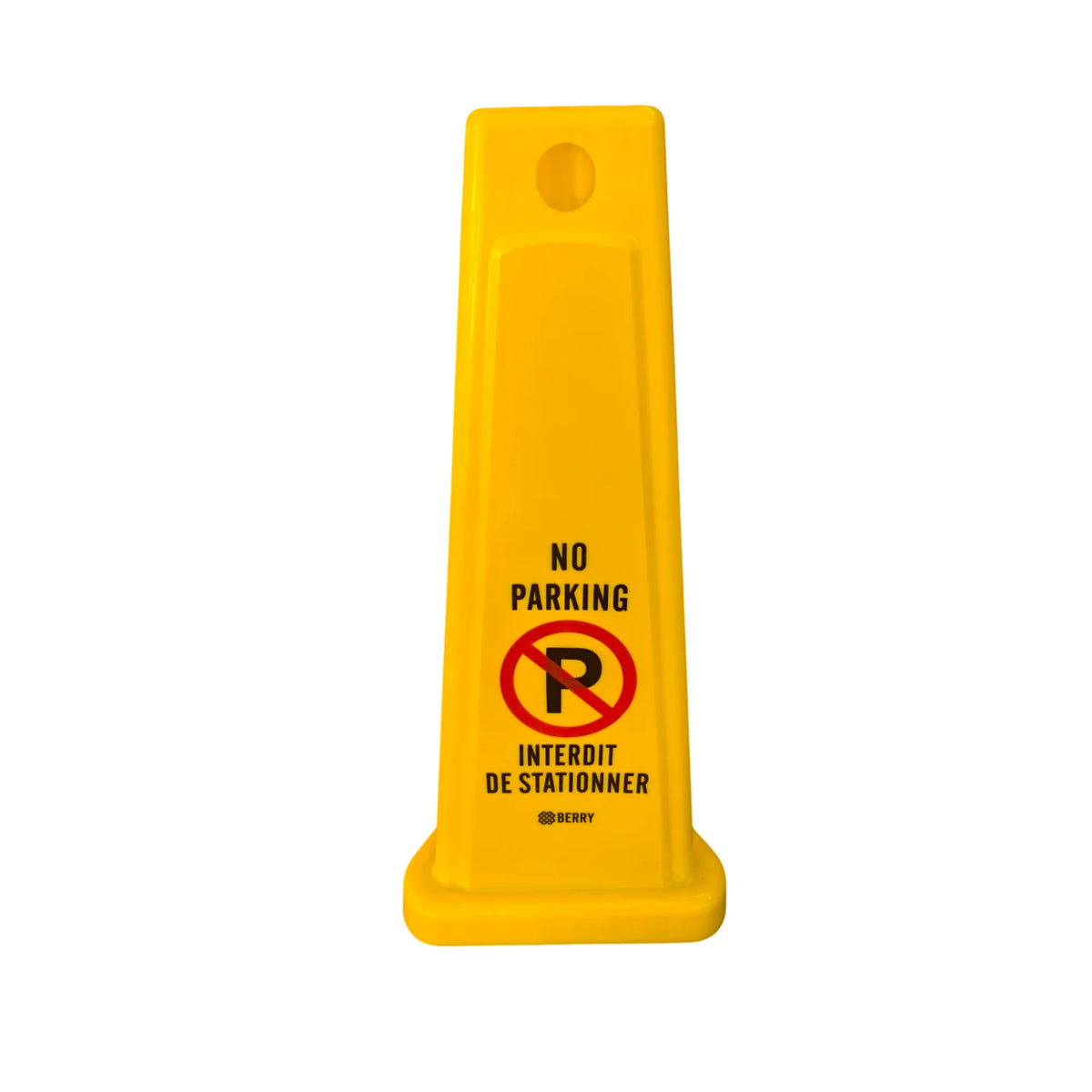 Yellow no parking cone with three-sided bilingual parking warning sign