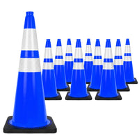 seventy five centimeter blue commercial road cone with reflective markings and weighted base