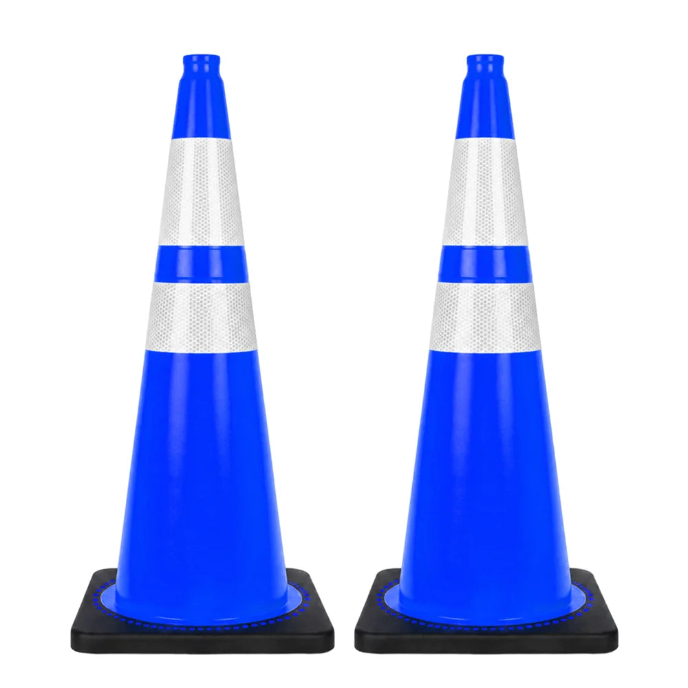 seventy five centimeter blue industrial traffic cone with reflective markings for workplace safety