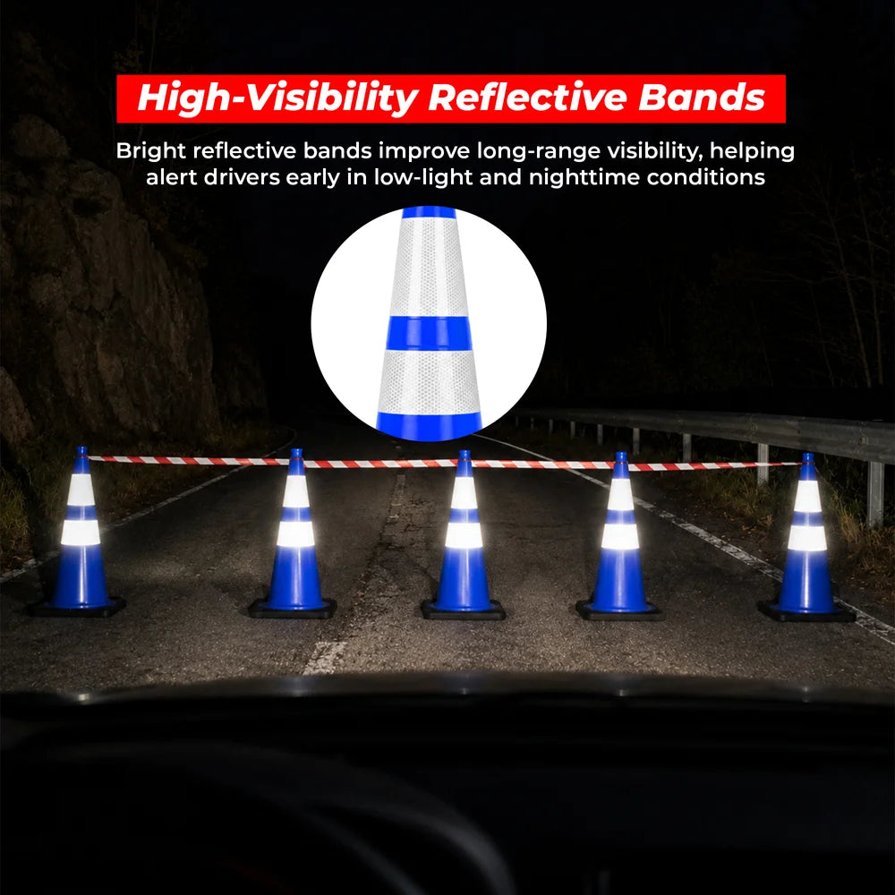 seventy five centimeter blue parking safety cone with reflective road markings and weighted base