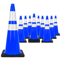 seventy five centimeter blue PVC barrier cone with reflective road markings and heavy weighted base
