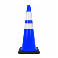 seventy five centimeter blue PVC traffic safety cone with reflective road markings and weighted base