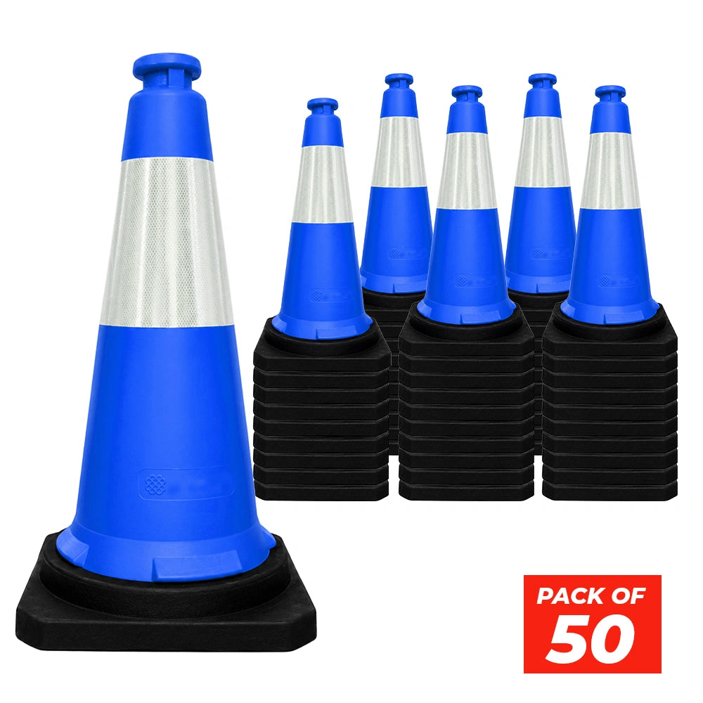 seventy five centimeter blue traffic cone with durable weighted black base for traffic safety