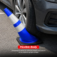 seventy five centimeter blue traffic control cone with reflective road markings and weighted base
