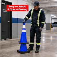 seventy five centimeter blue work zone traffic cone with reflective markings and durable base