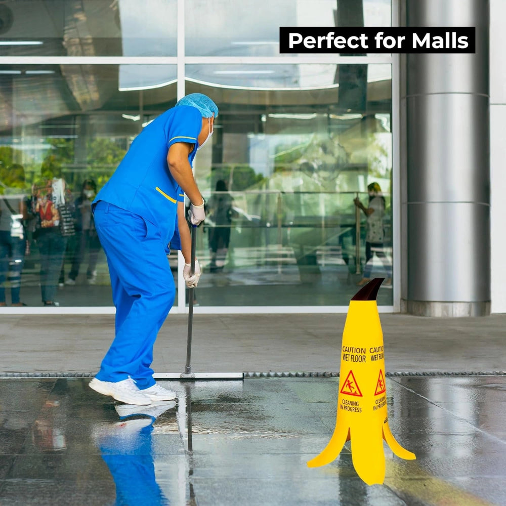 yellow banana style cone caution sign for cleaning safety
