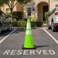 seventy five centimeter green parking safety cone with reflective road markings and weighted base