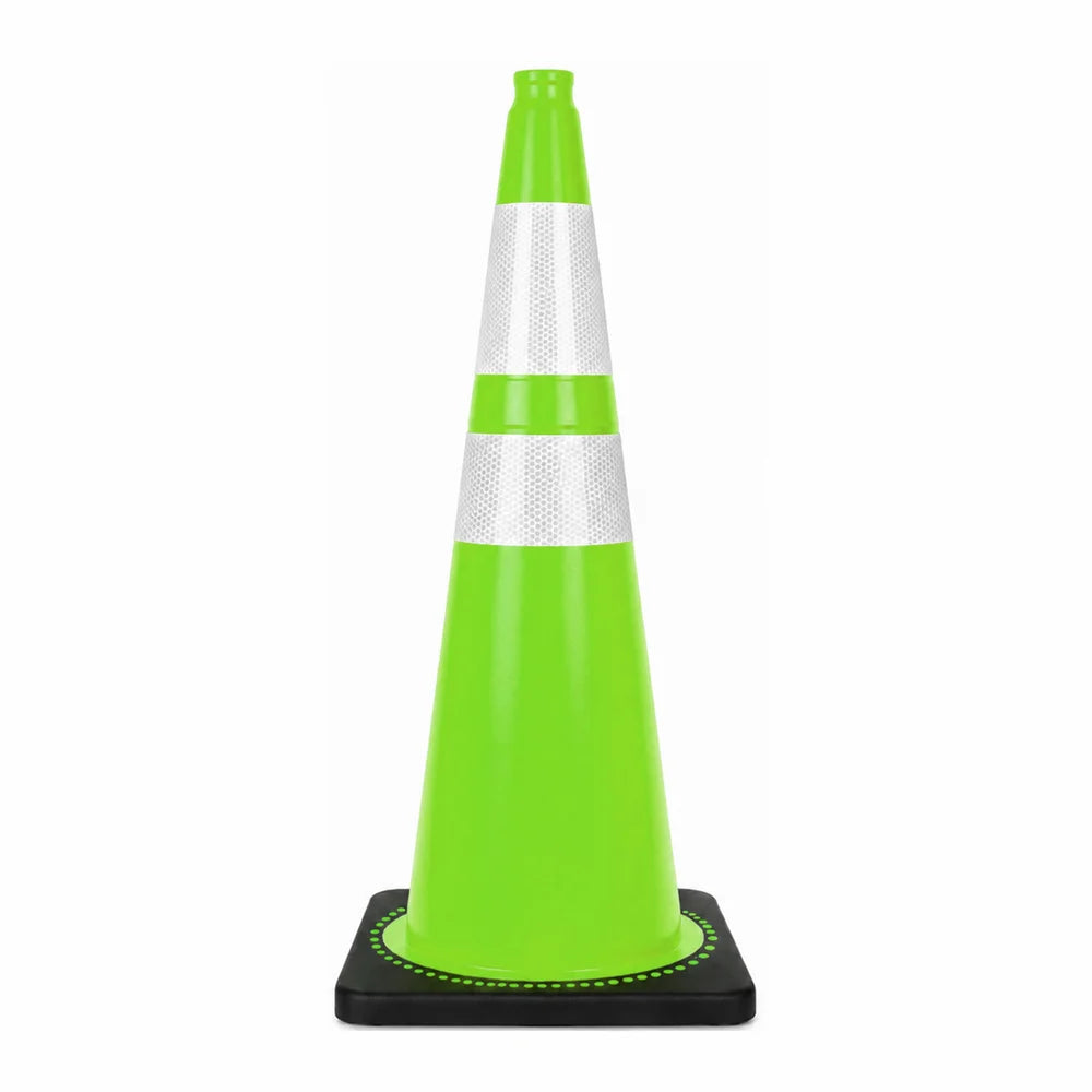seventy five centimeter green PVC traffic safety cone with reflective road markings and weighted base
