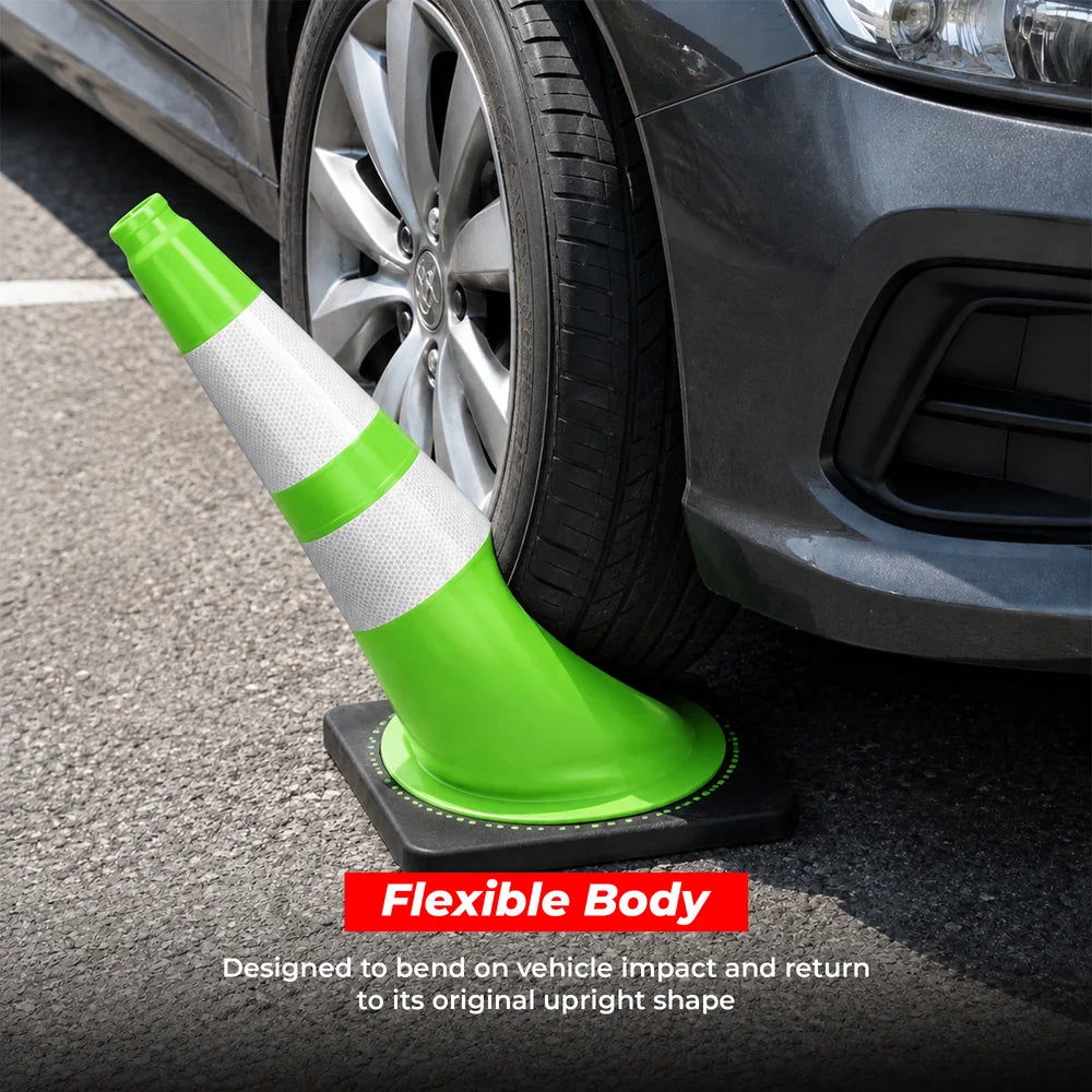 seventy five centimeter green PVC warning cone with reflective surface for road and workplace safety