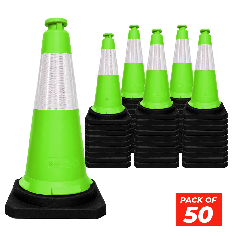 seventy five centimeter green traffic cone with durable weighted black base for road safety