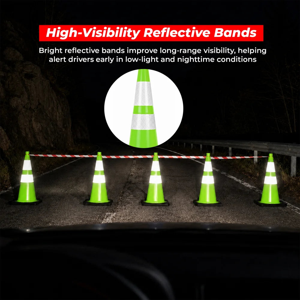 seventy five centimeter green work zone traffic cone with reflective markings and durable base