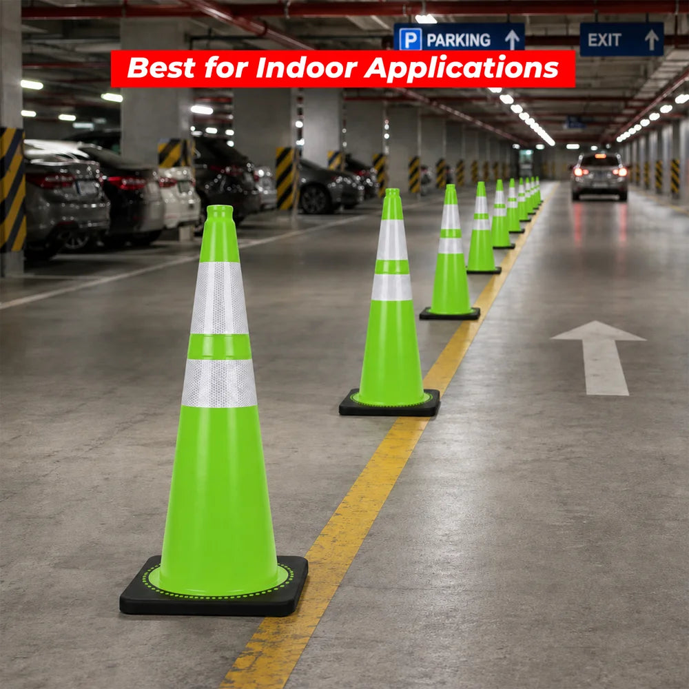 seventy five centimeter heavy duty green traffic cone with reflective markings and stable weighted base