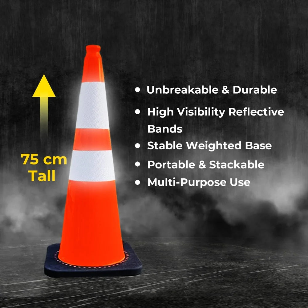 seventy five centimeter heavy duty orange traffic cone with reflective bands for road safety and traffic control