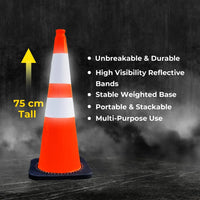 seventy five centimeter heavy duty orange traffic cone with reflective bands for road safety and traffic control