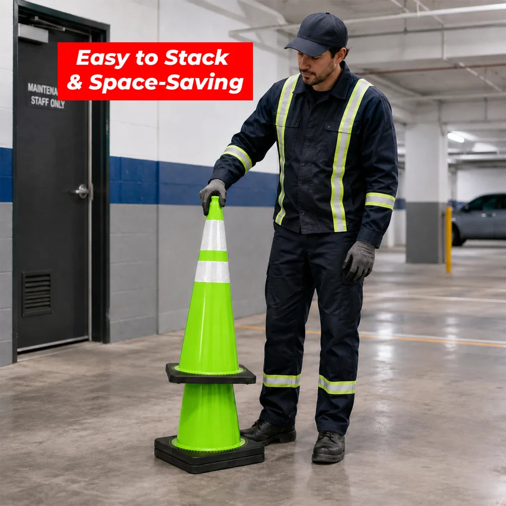 seventy five centimeter high visibility green safety cone with weighted base for indoor and outdoor use