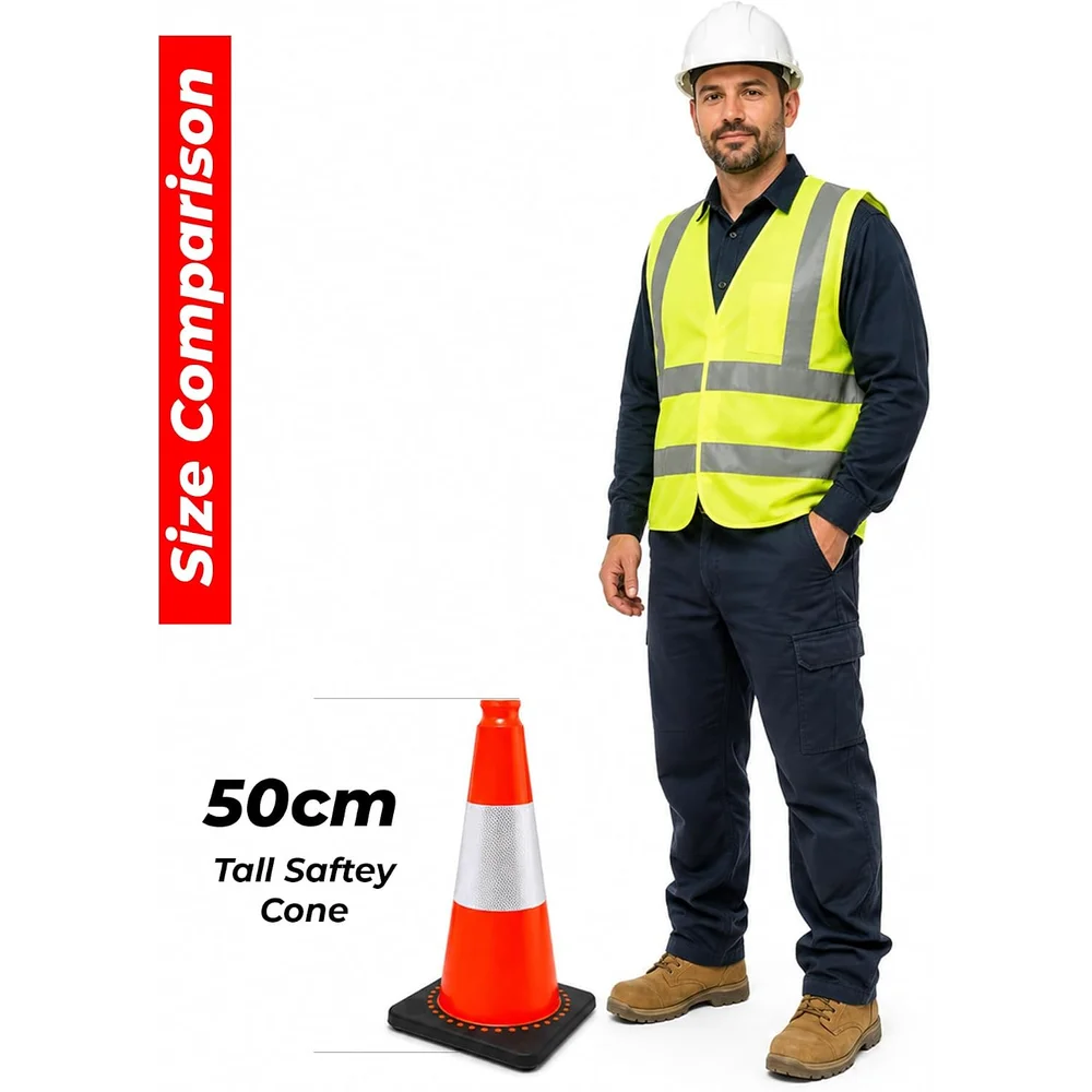 fifty centimeter orange parking guidance cone with reflective strips and stable base