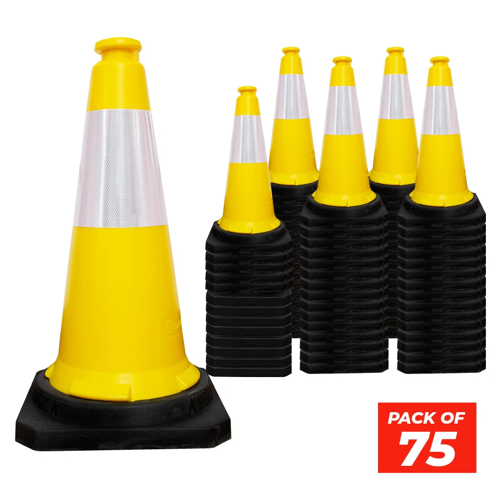 seventy five centimeter yellow warning cone with reflective collar and stable black weighted base