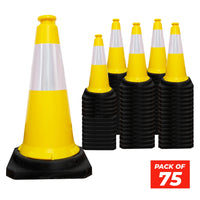 seventy five centimeter yellow warning cone with reflective collar and stable black weighted base