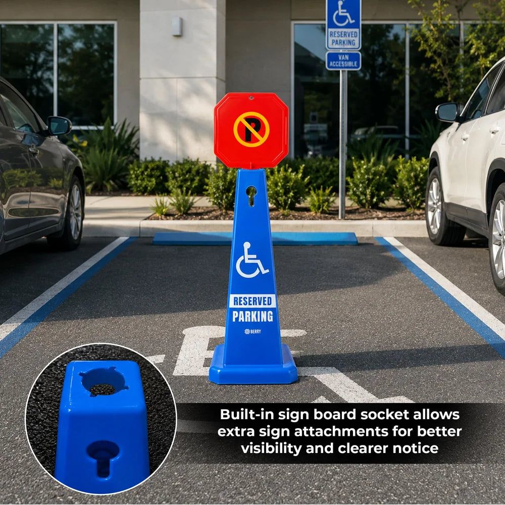blue reserved parking cone for designated disabled parking areas