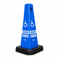 blue reserved parking cone with weighted base for stable placement