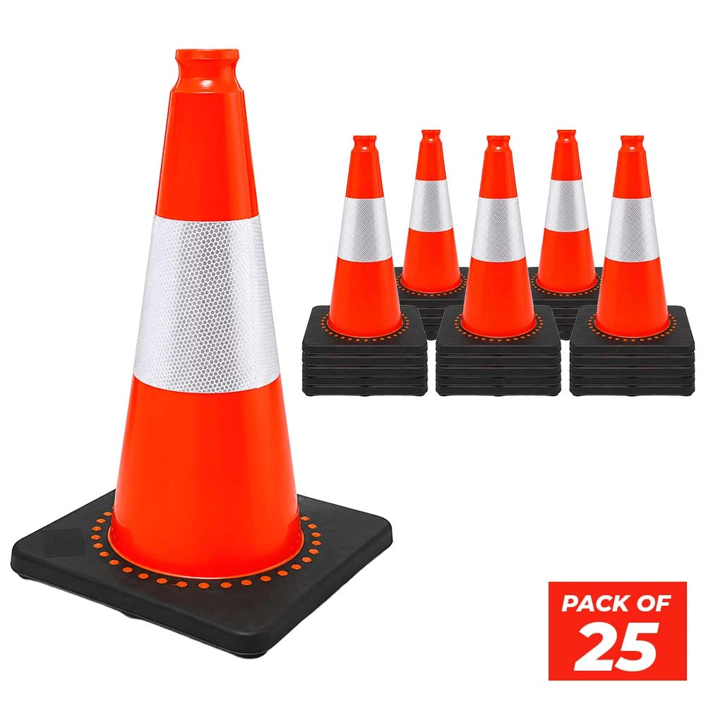 fifty centimeter orange traffic cone with reflective strips, weighted black base and stackable PVC design