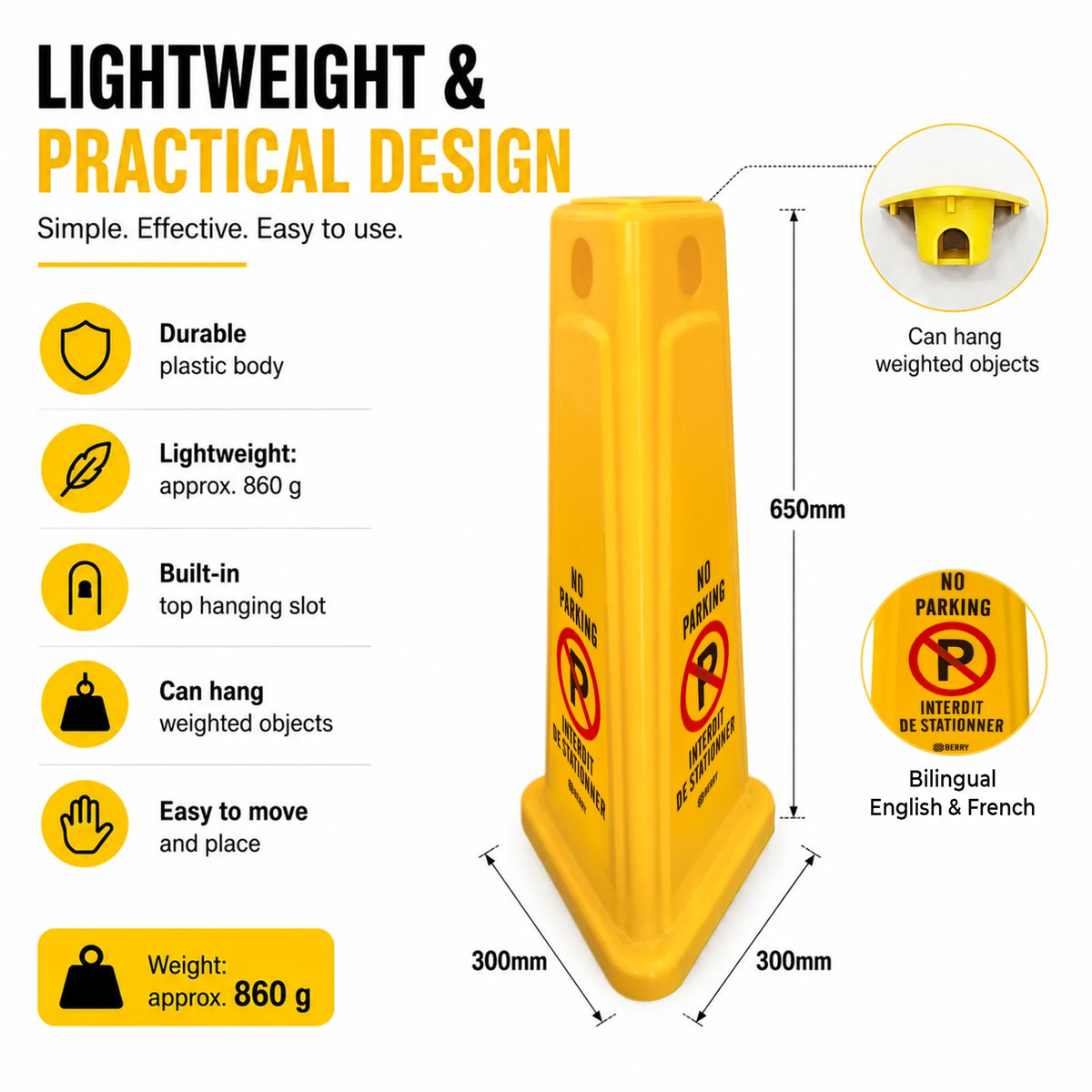 Yellow traffic cone displaying no parking warnings