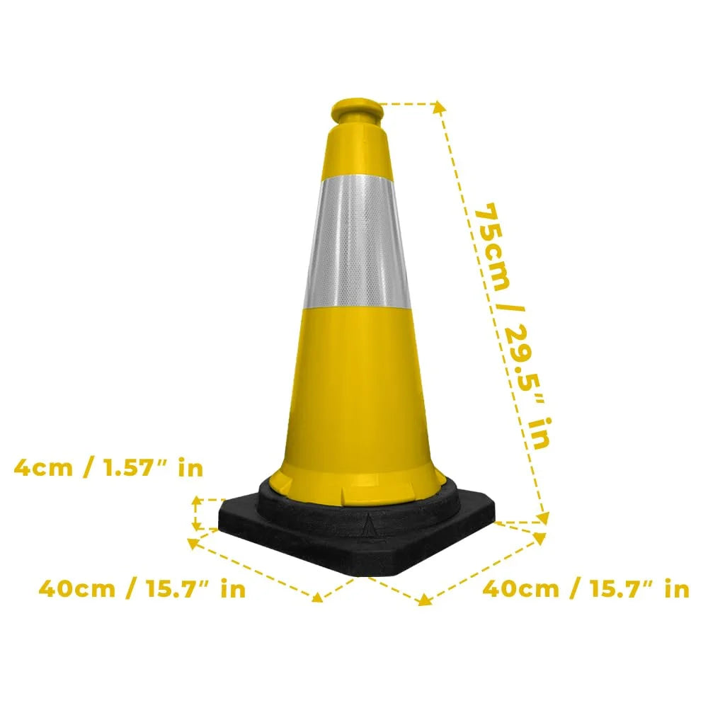 seventy five centimeter yellow traffic cone with durable weighted black base for road safety